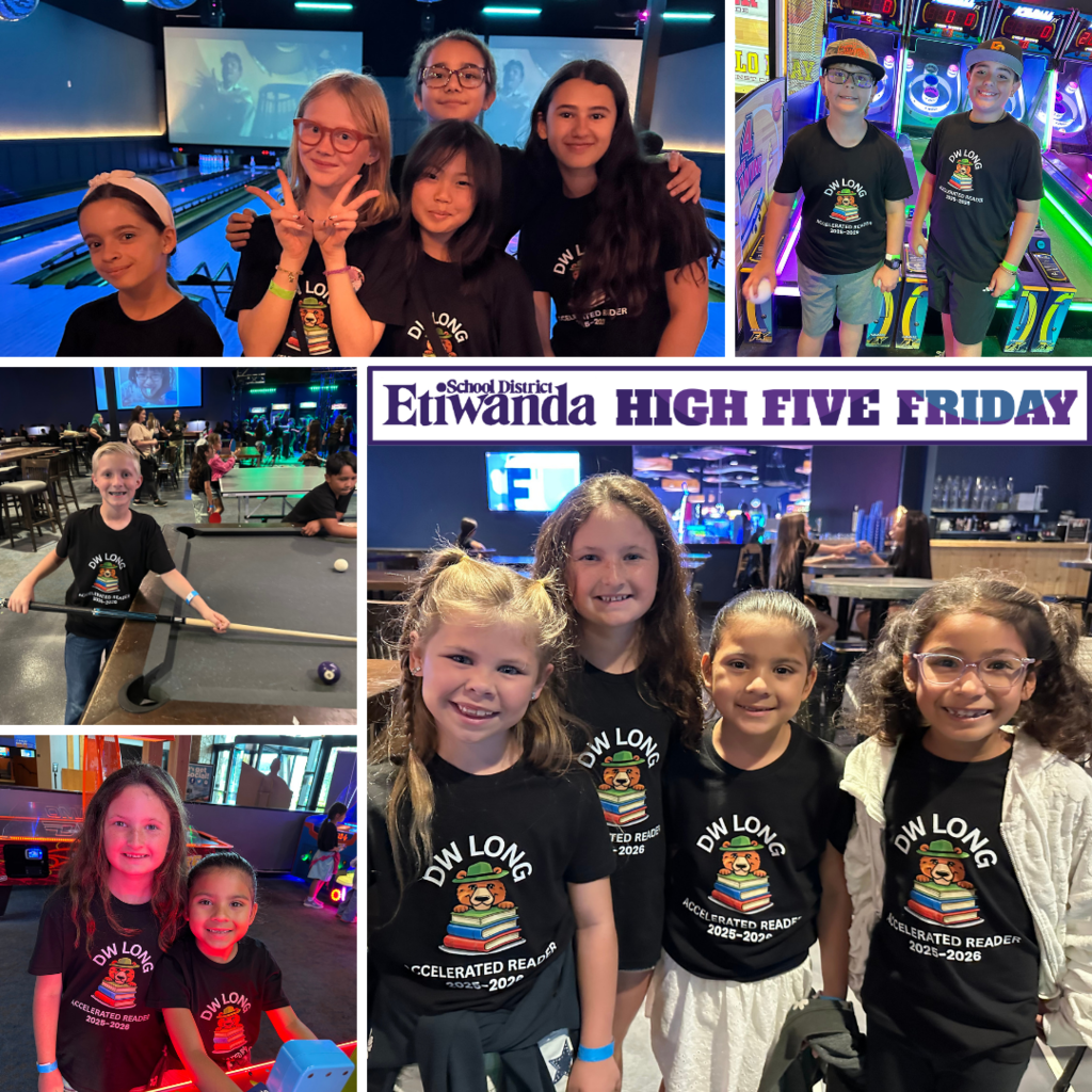 Text: Etiwanda school district, high five friday Images: students wearing black DW Long shirts
