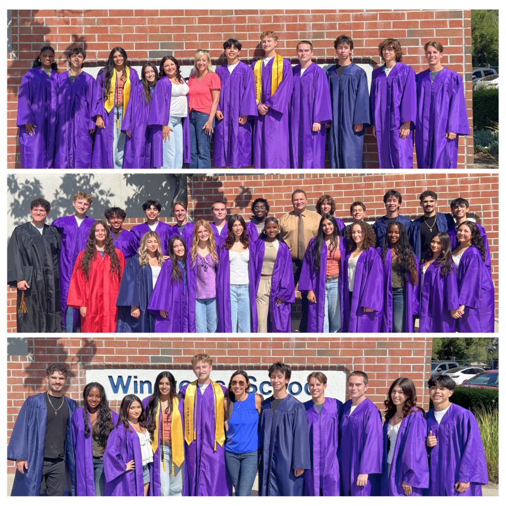 No text Images: students wearing graduation gowns in front of school