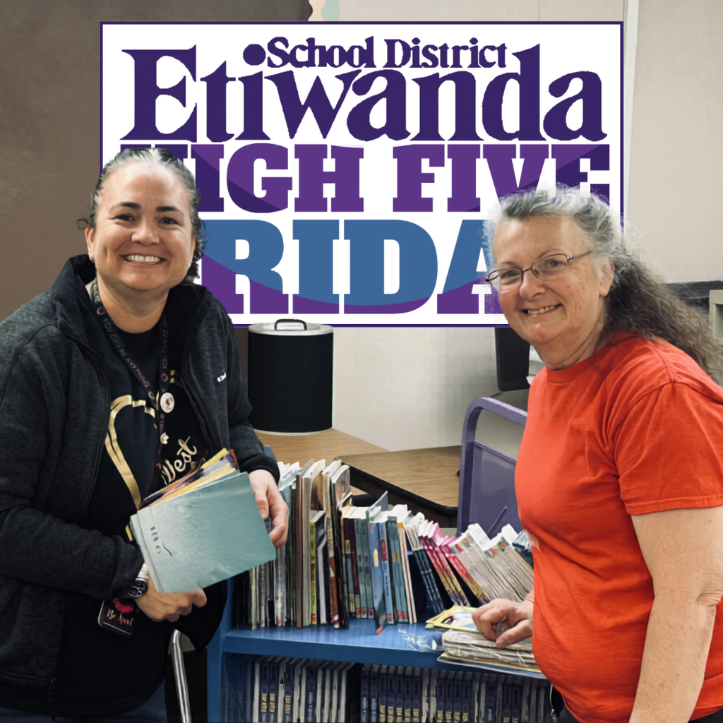 Text: High Five Friday Image: two female adults smiling with books one in red the other in black
