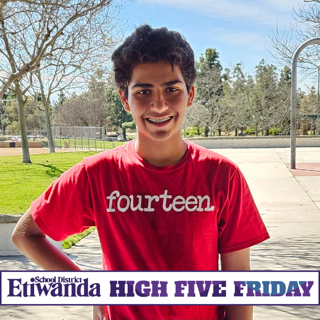 Text: Etiwanda school district, High Five Friday Image: teenager boy in a red shirt