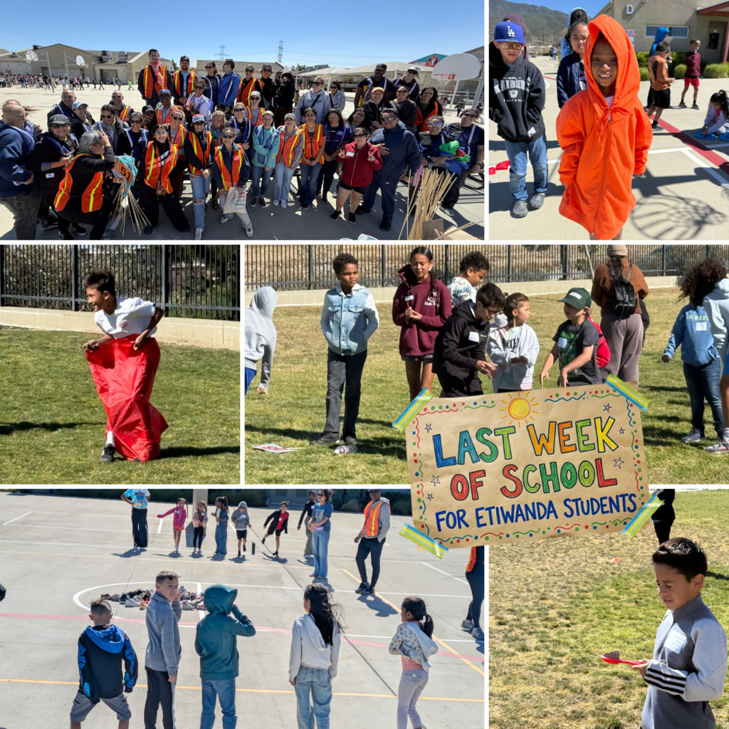 Text: Last Week fo School For Etiwanda Students Images: a lot of students playing on the playground