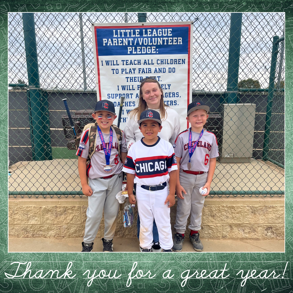 Text Thank you for a great year. Image: a smiling adult with three young baseball players. 