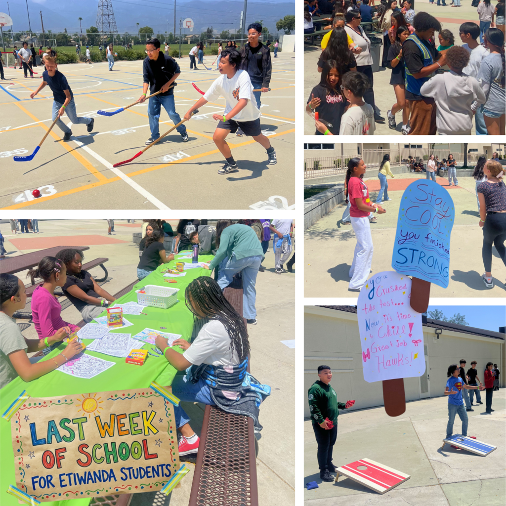 Text: Last Week of School for Etiwanda students Images: students playing games on the playground