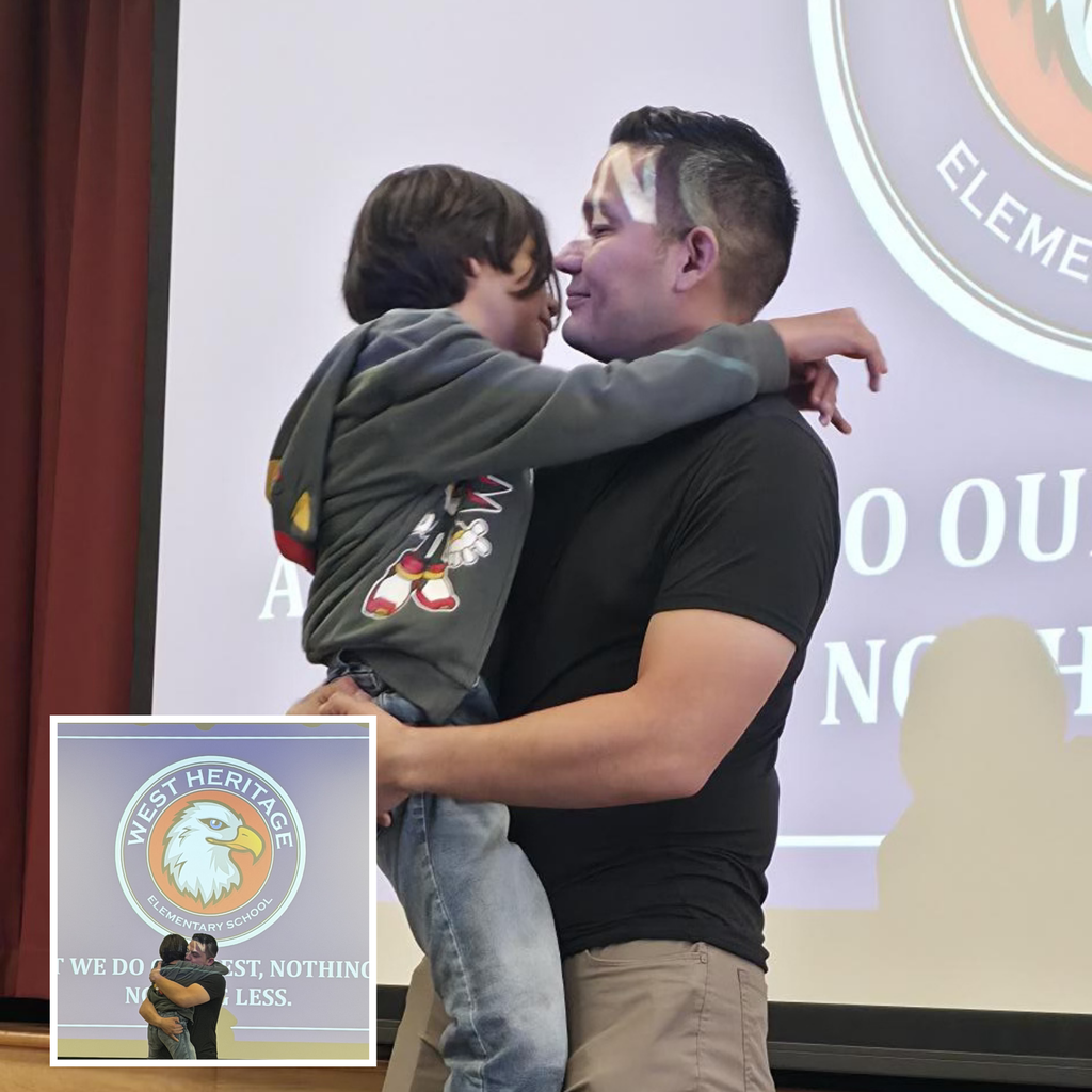 Text: no text Images: father and son smiling and embracing on a stage