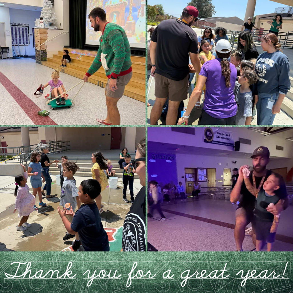 Text: Thank you for a great year. Images: adults playing with students