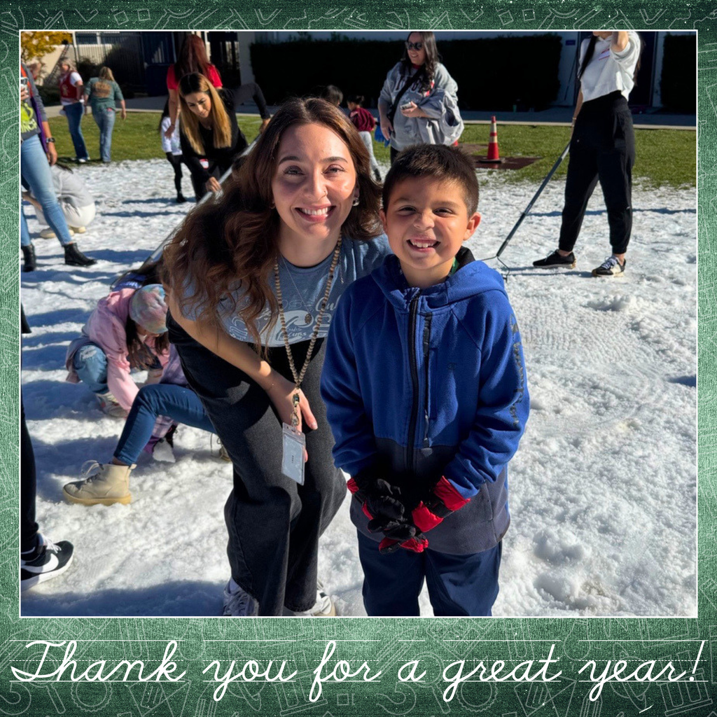 Text: Thank you for a great year Image: a female and child in the snow