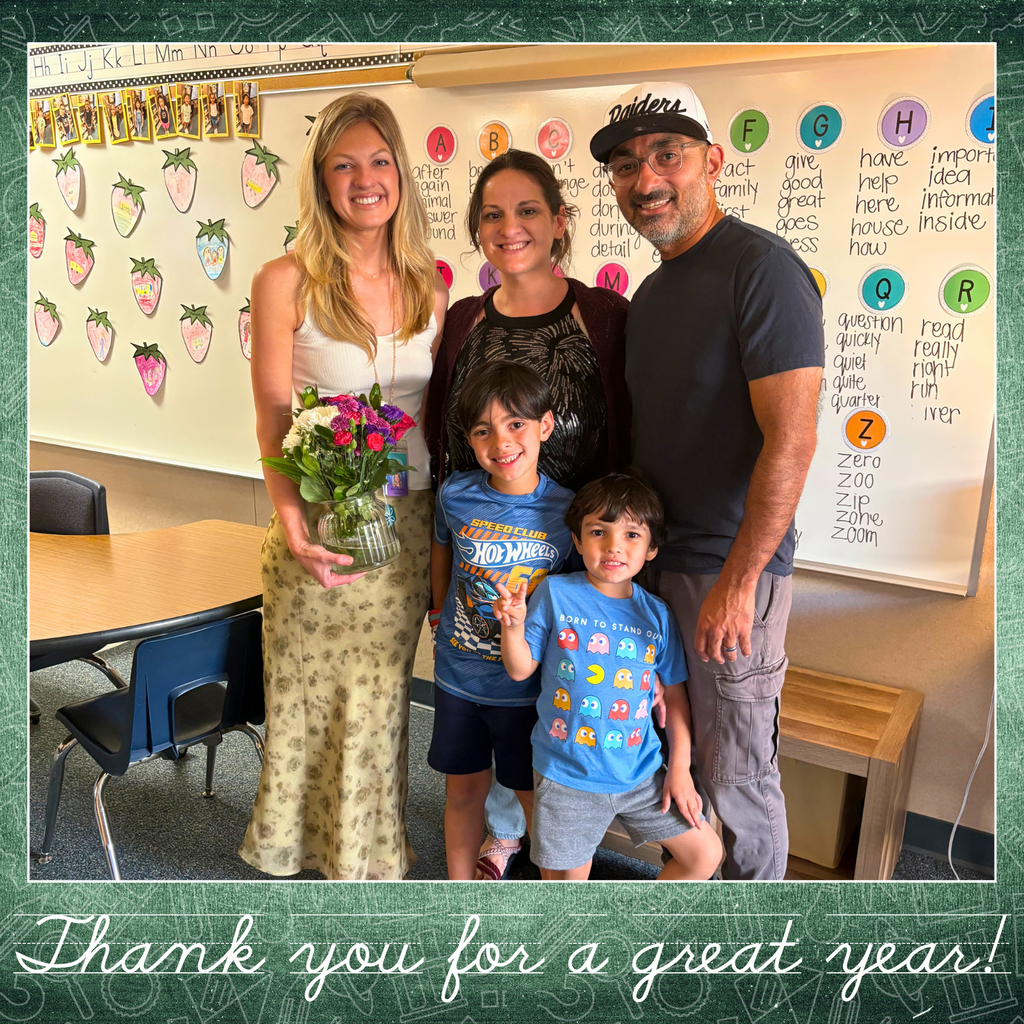 Text: Thank you for a great year Image: three smiling adults with two young boys in blue shirts