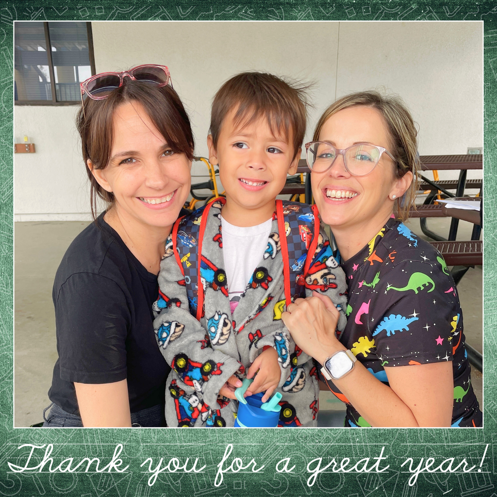 Text: thank you for a great year Image: two female adults smiling with a student