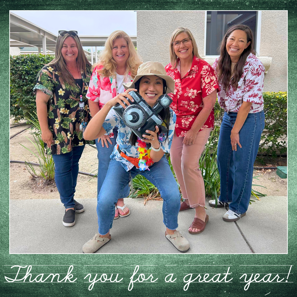 Text: Thank you for a great year Image: five females wearing Hawiian shirts