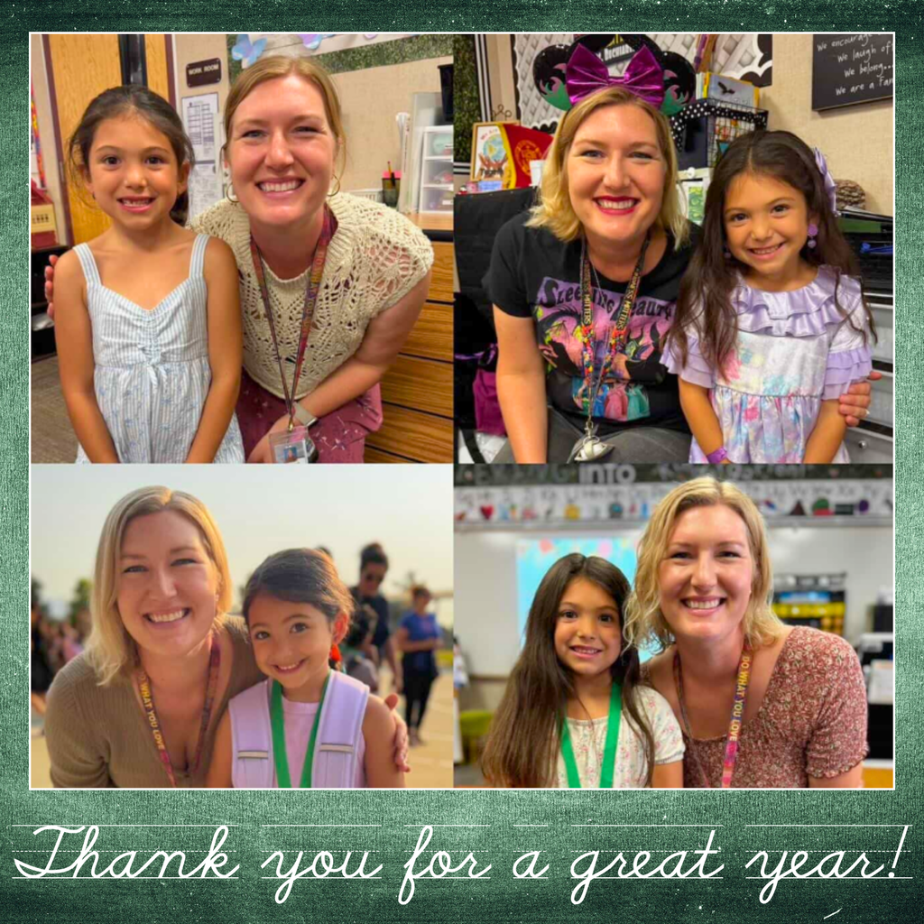 Text: Thank you for a great year Images: 4 images of a blonde teacher smiling with a young girl with brown hair