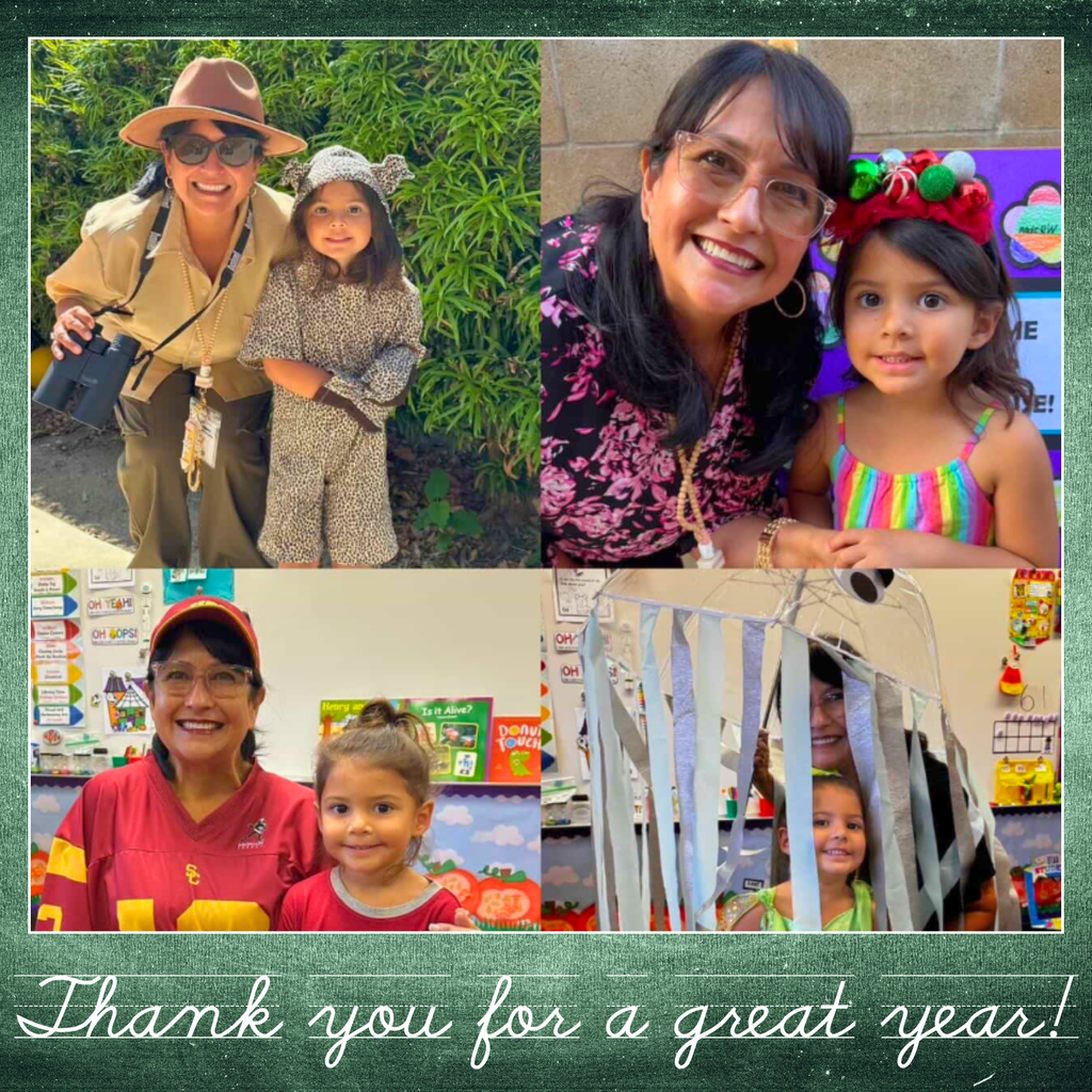 Text: Thank you for a great year Image: 4 images of the same female with brown hair and the same small girl