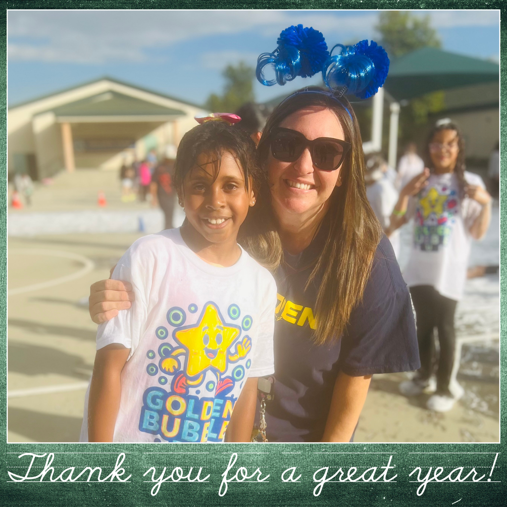 Text: thank you for a great year Image: smiling female wearing a blue hat with a student