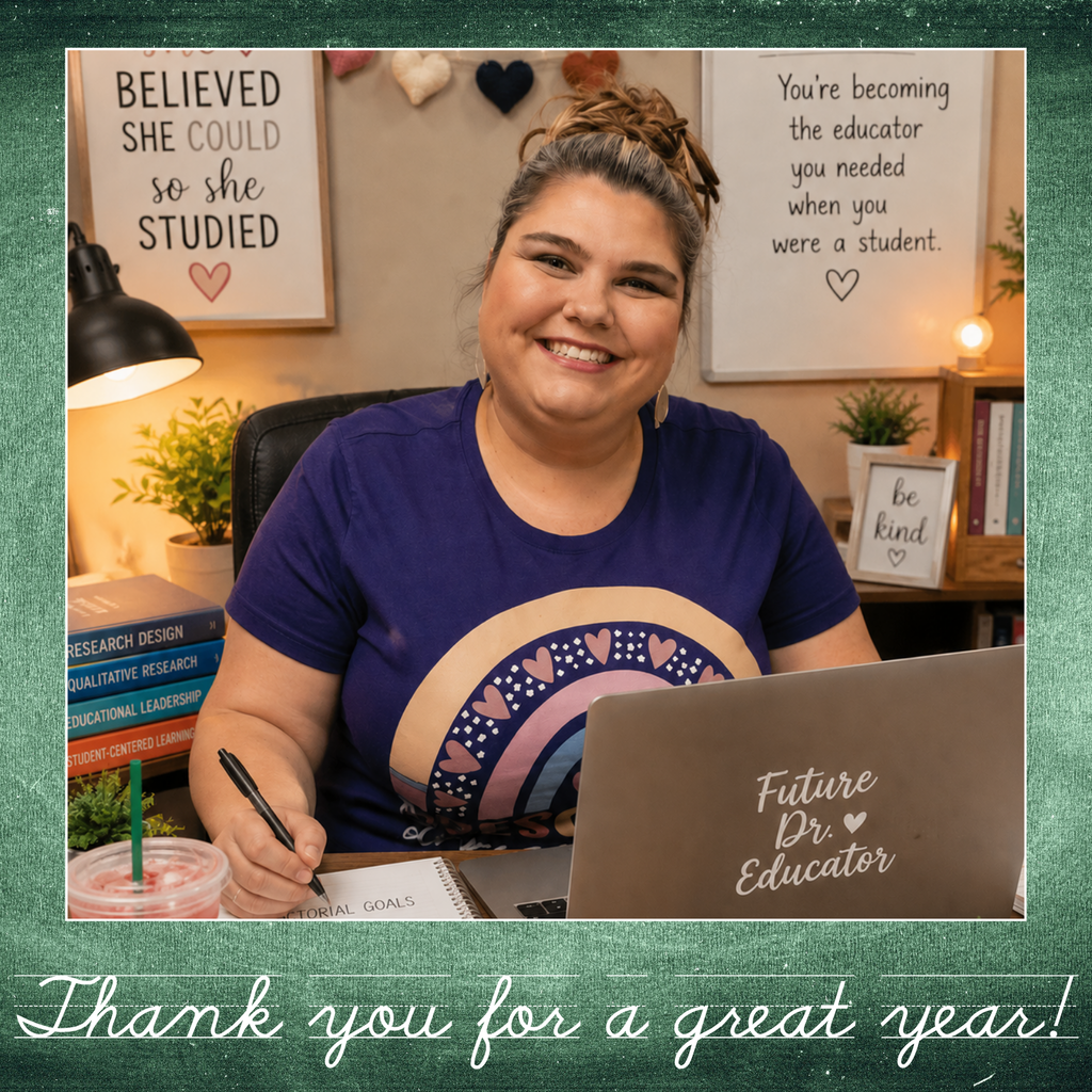Text: Thank you for a great year. Image: smiling female working with a laptop.