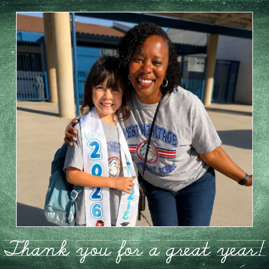 Text: Thank you for a great year Image: female and young student smiling in front of a school