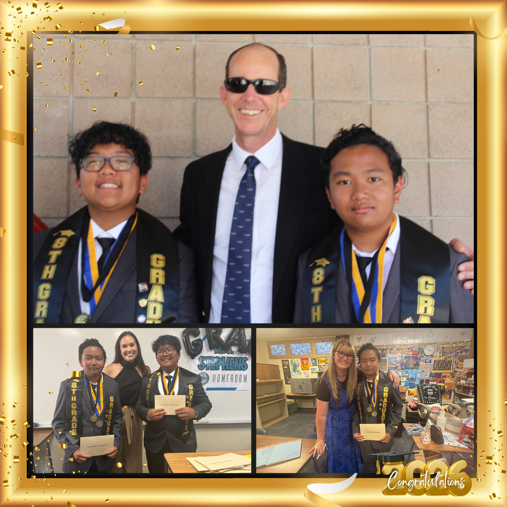 No text Three images of two students in suits smiling with adult teachers
