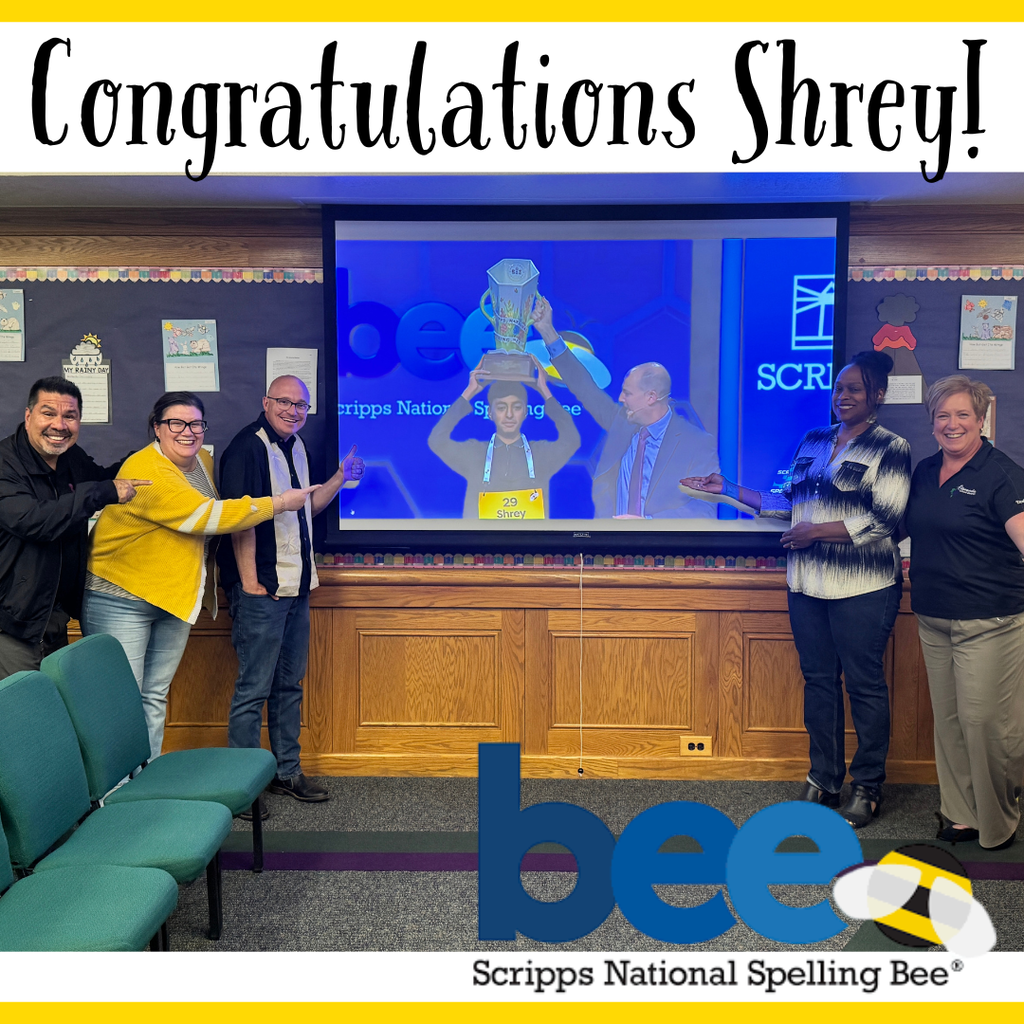 Text: Congratulations Shrey, Scripps National Spelling Bee Image: 5 smiling adults