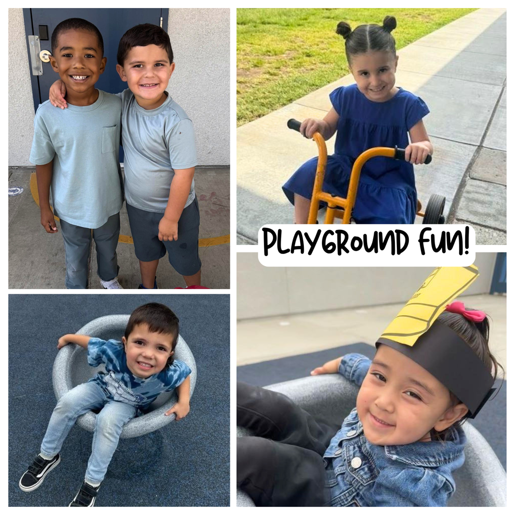 Text: Playground Fun Images: four images of younger students smiling and playing on the playground