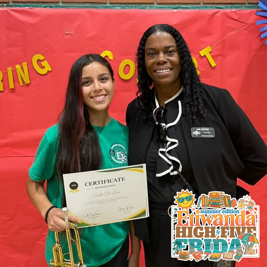 Text: Summer Edition Etiwanda High Five Image: smiling female student with teacher