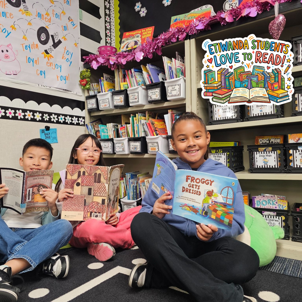 Text: Etiwanda students love to read Image: students in class reading