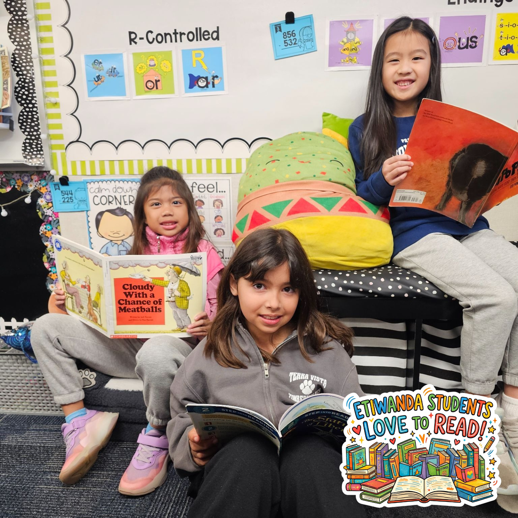 Text: Etiwanda students love to read Image: students in class reading