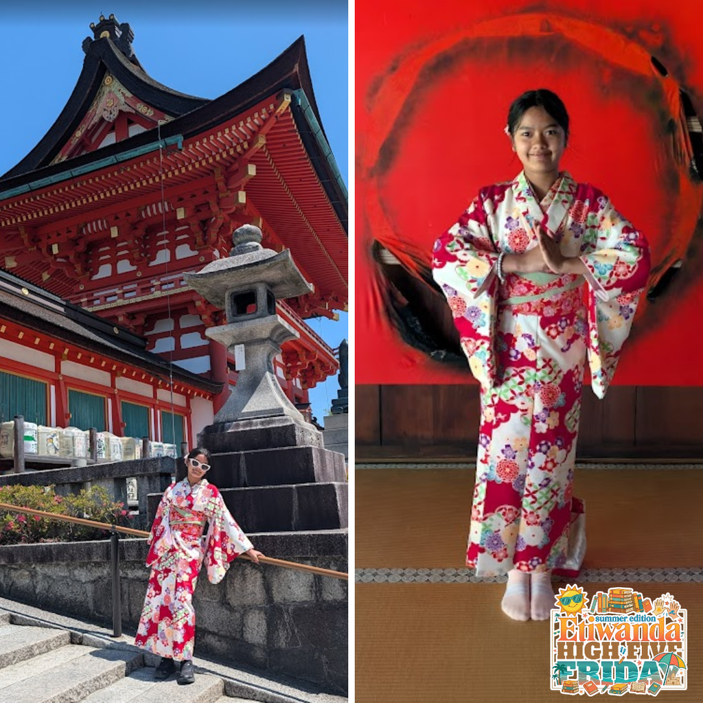Text: Etiwanda High Five, Summer Edition Images: two photos of a girl in Japan