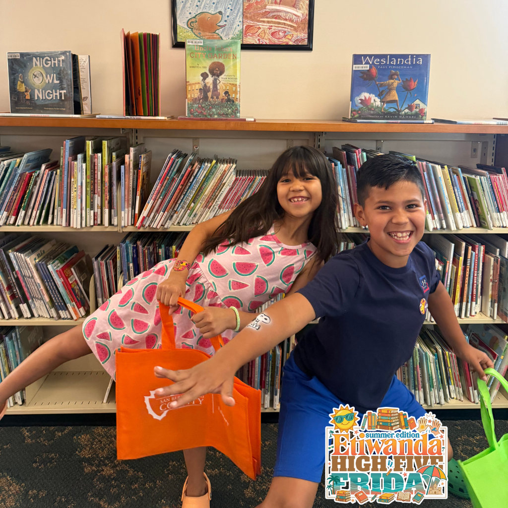 Text: Etiwanda School District, Summer Edition, High Five Image: two students smiling in a library holding bags