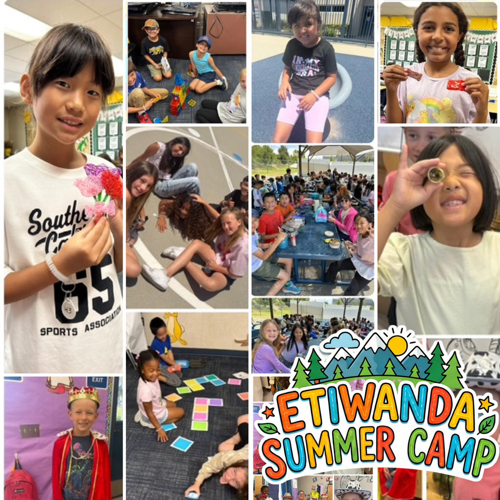 Text: Etiwanda Summer Camp Images: a lot of images of students smiling and playing together outside and in a classroom