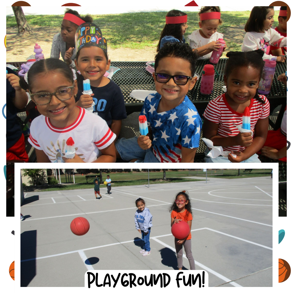 Text: Playground Fun Images: students smiling and having fun on the playground