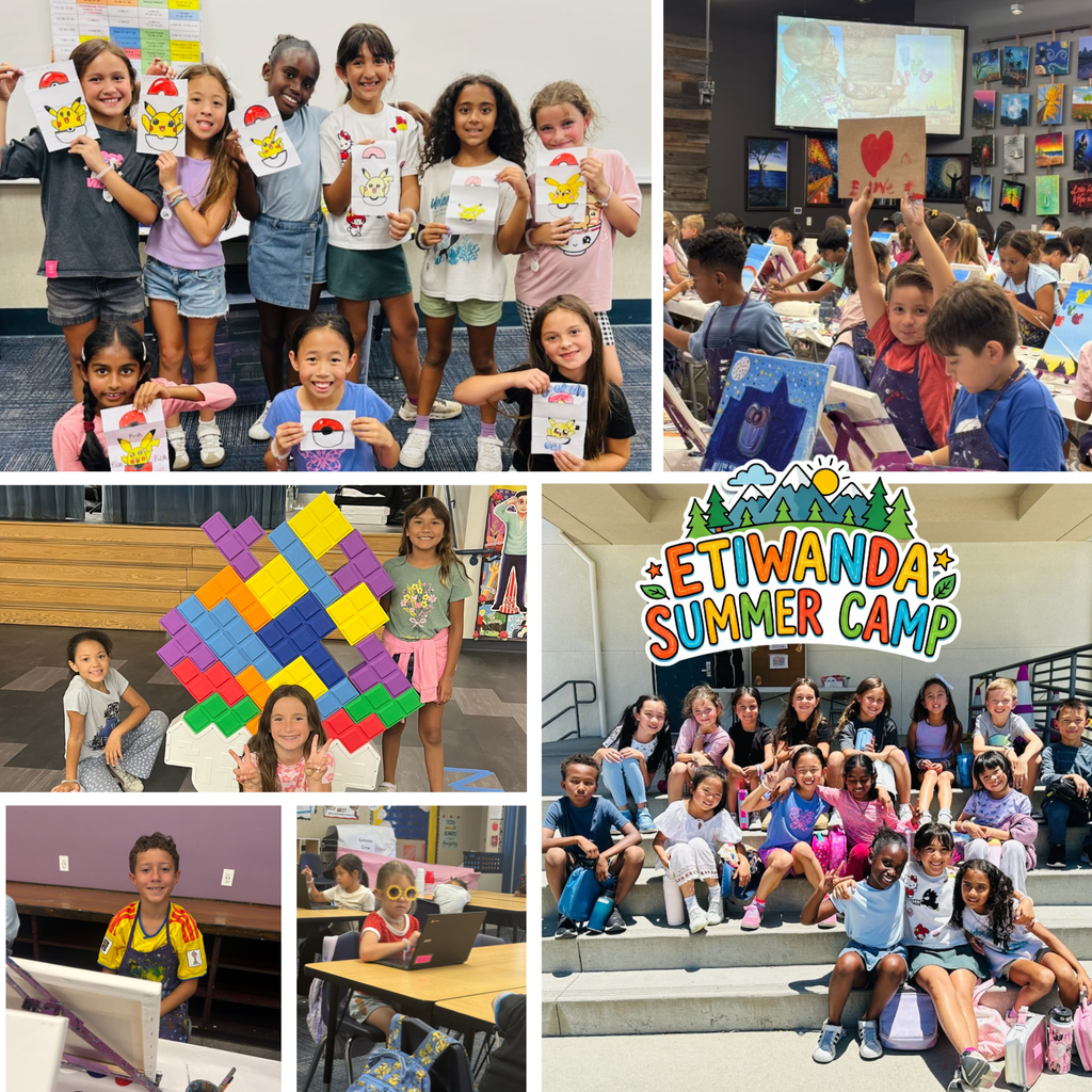 Text: Etiwanda Summer Camp Images: a lot of images of students smiling and playing together outside and in a classroom