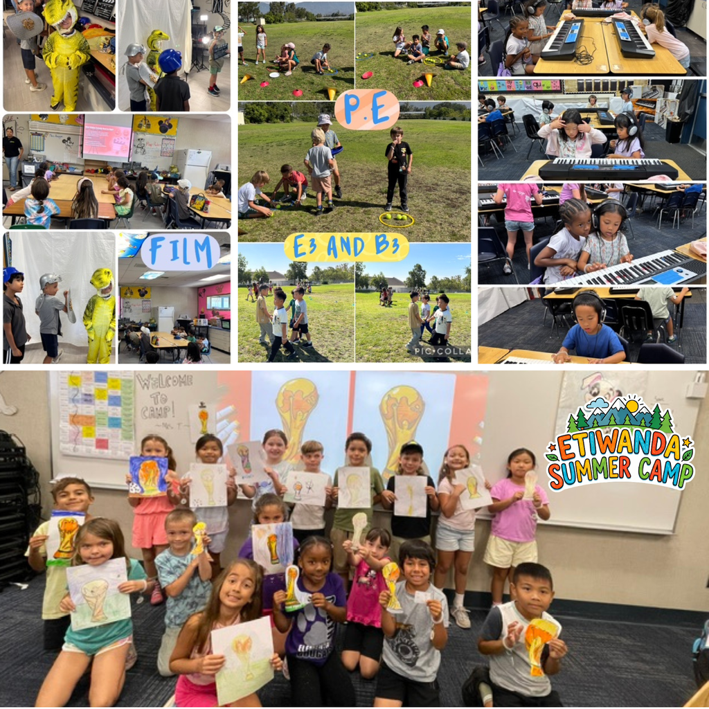 Text: Etiwanda Summer Camp Images: students filming, painting, music