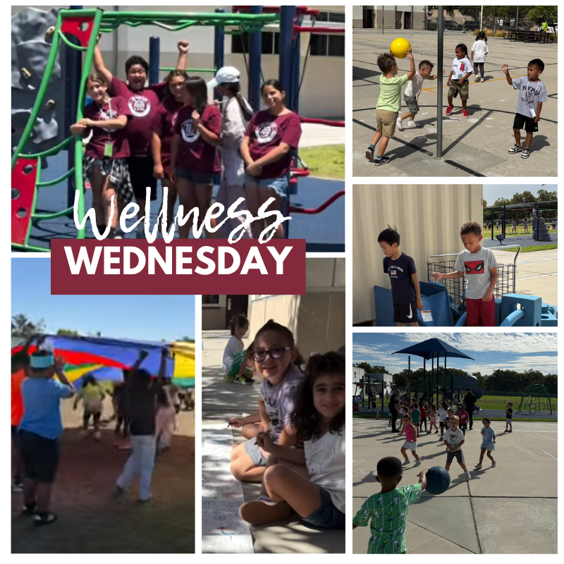 Text: Wellness Wednesday Images: students on the playground