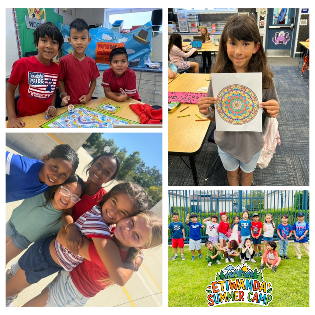 Text: Etiwanda Summer Camp Photos of smiling students wearing red.