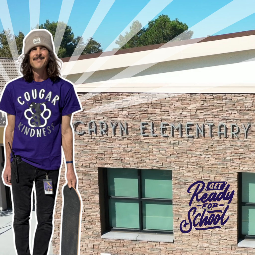 Text: Get Ready for School Image: smiling man with long hair holding a skateboard