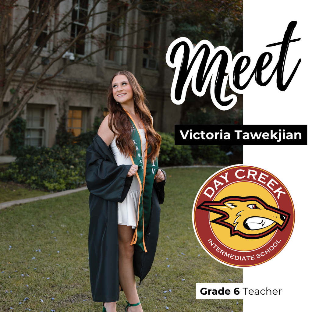 Text Meet Victoria Tawkjian DCIS Grade 6 Teacher Image: female wearing a grad gown