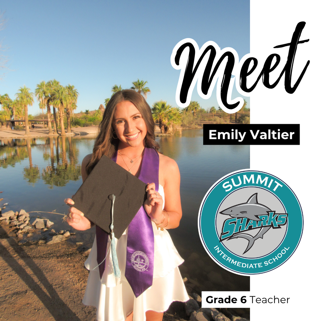 Text Meet Emily Valtier, Summit Logo, Grade 6 teacher Image: smiling female with grad cap