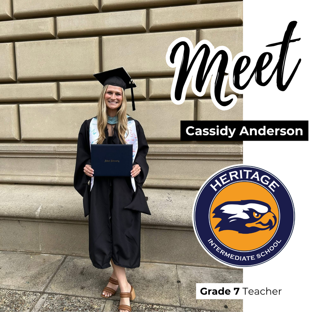 Text: :Meet Cassidy Anderson, HIS logo, Grade 7 teacher