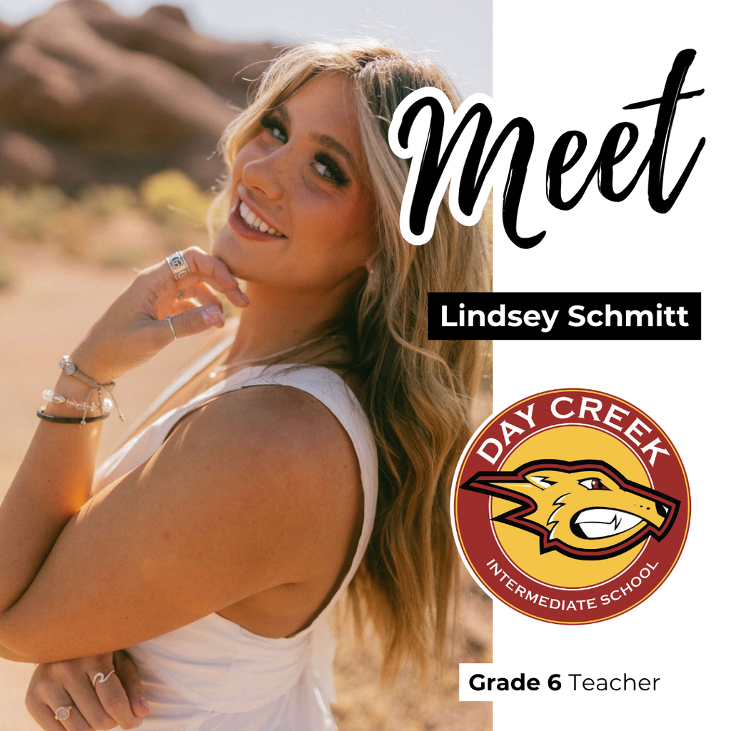 Text: Meet LIndsey Schmitt, DCIS logo, Grade 6 Teacher Image: smiling blonde female