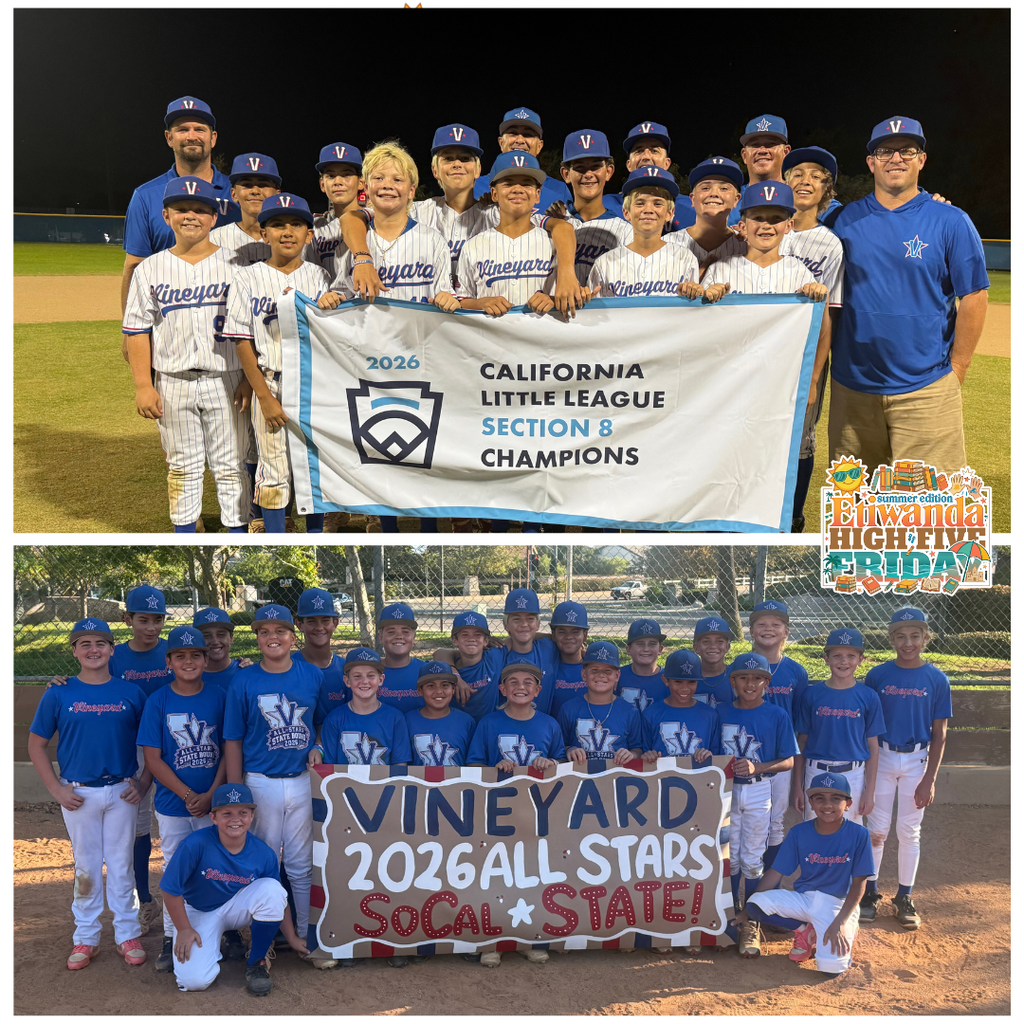 Text: Etiwanda School District, High Five Friday Images: Two photos of baeball teams wearing  blue