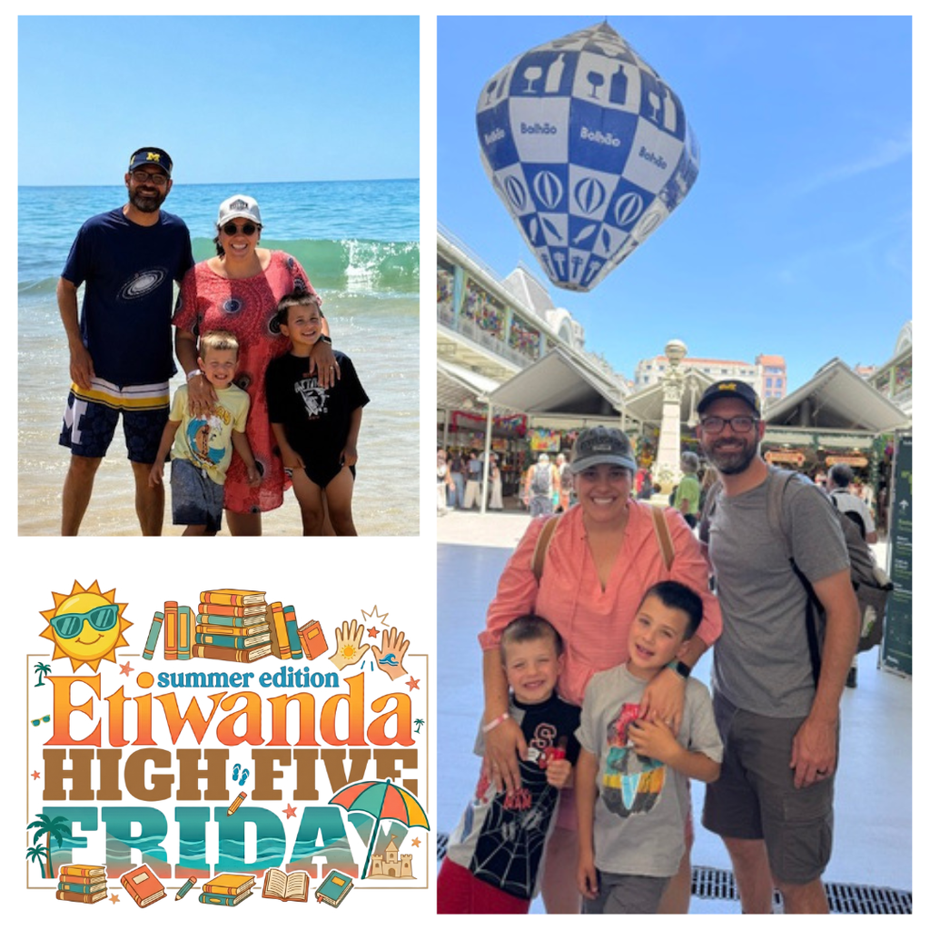 Text: Etiwanda School District, Summer Shout out Images of 4 people smiling on the beach and in the city