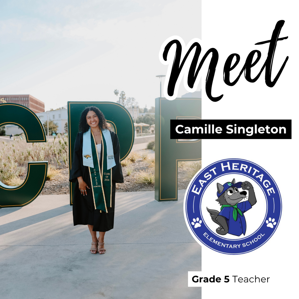 Text: Meet Camille Singleton, East Heritage Logo, Grade 5 Teacher