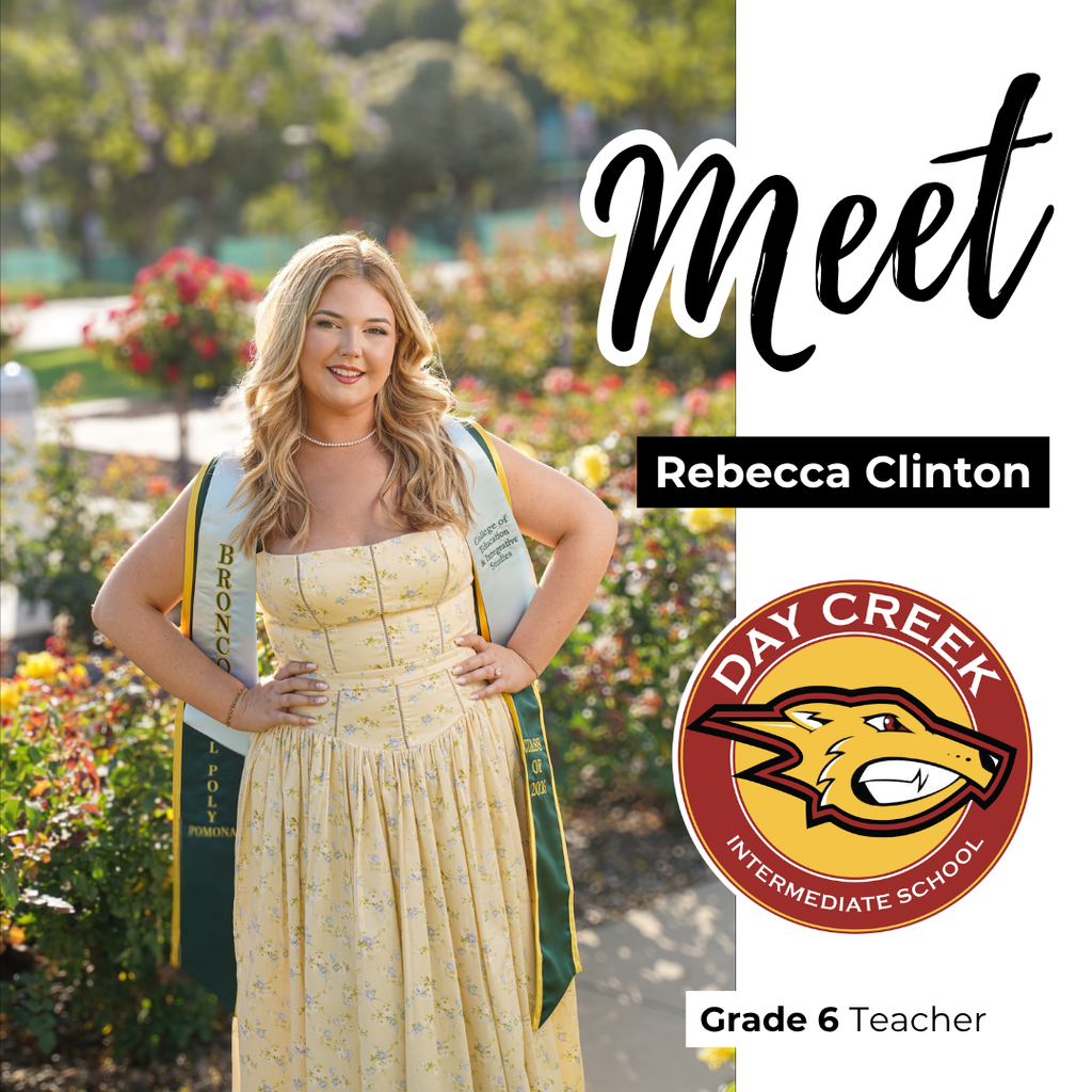 Text: Meet Rebecca Clinton, DCIS Logo, Grade 6 Teacher Image: smiling blonde female