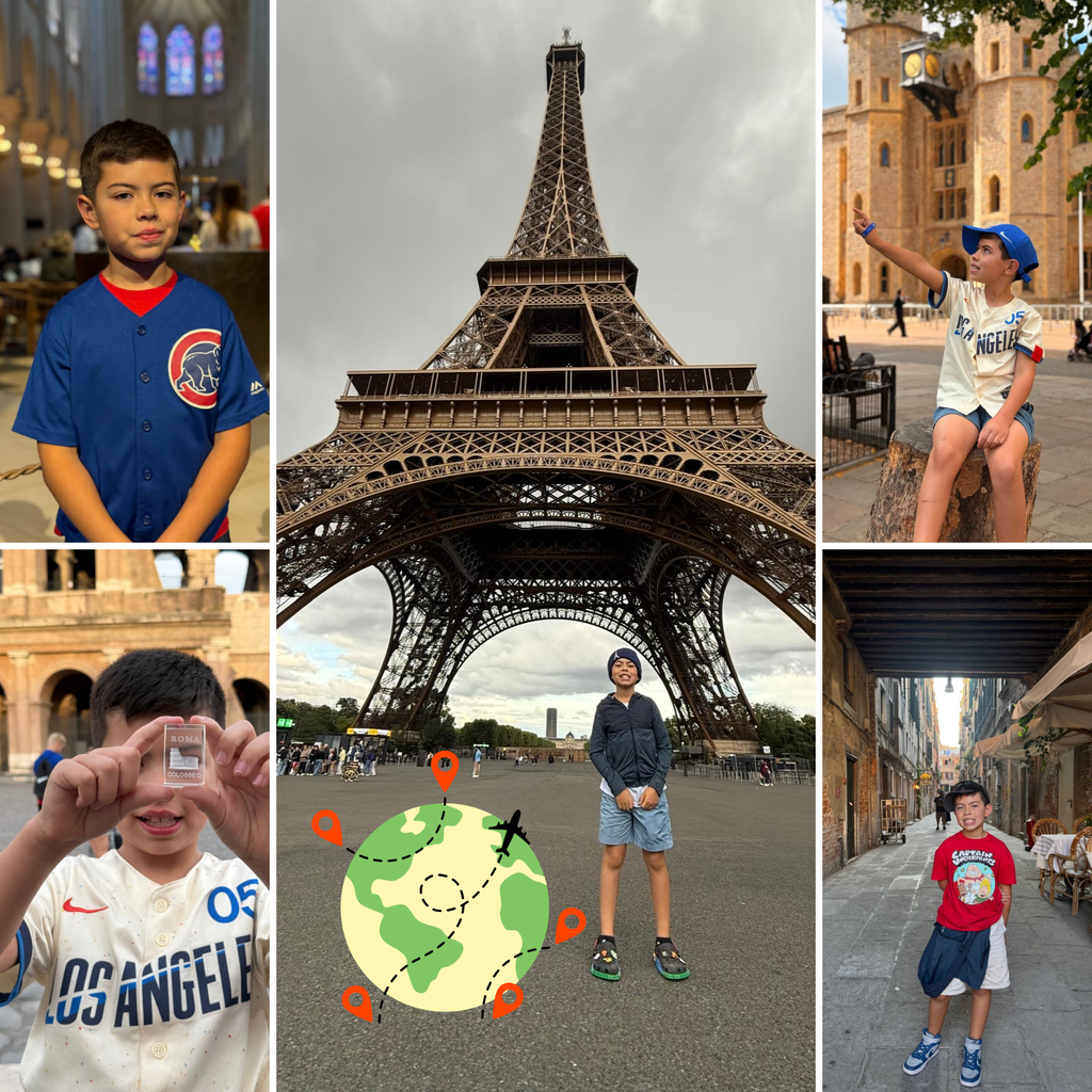 No text: 5 images of a boy traveling Europe