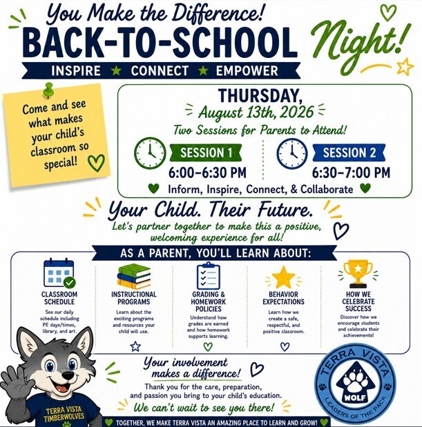 We can't wait to welcome our Timberwolf families to Back-to-School Night on Thursday, August 13! 🐺