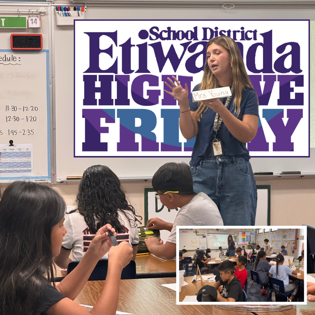 Female teacher standing in fron to fa sign that says ESD High Five Friday