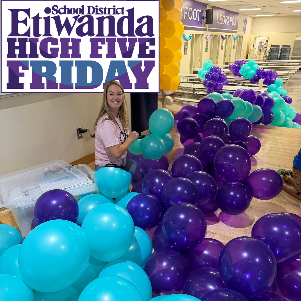 Text: Etiwanda School District High Five Image: smilind adults and students in a classroom