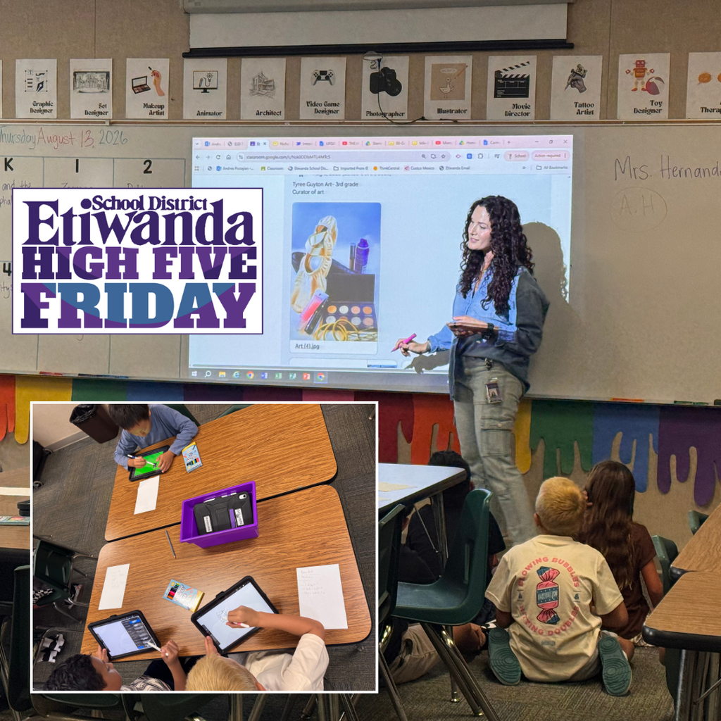 Text: Etiwanda School District High Five Image: smilind adults and students in a classroom