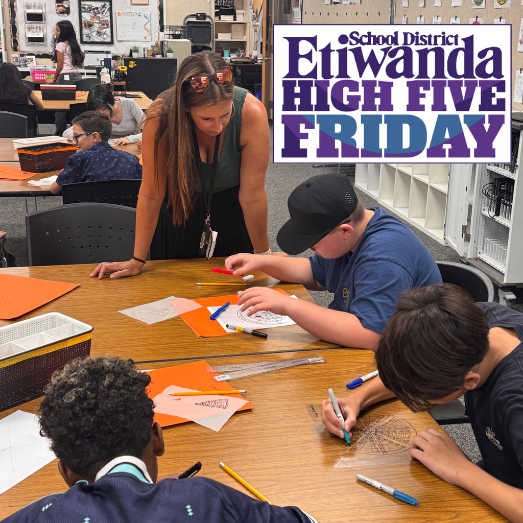 Text: Etiwanda School District High Five Image: smilind adults and students in a classroom