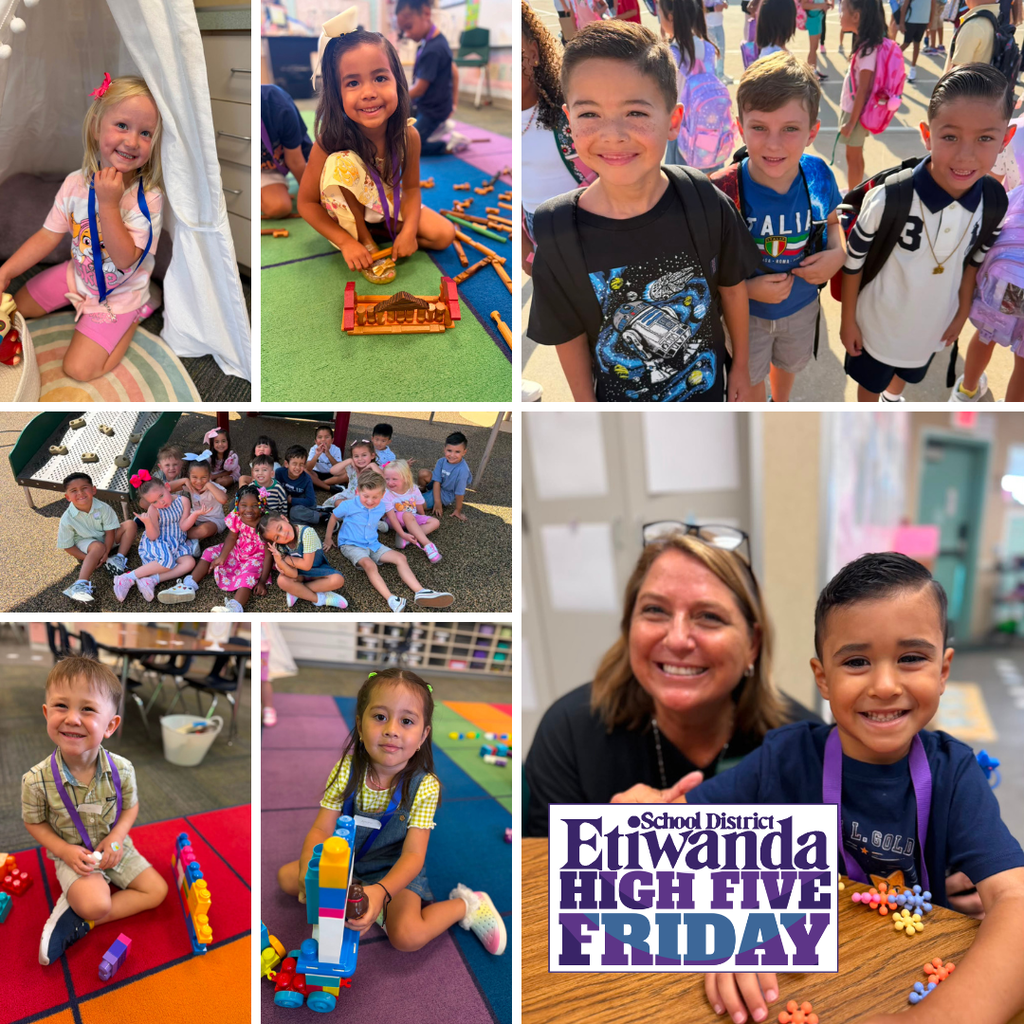 Text: Etiwanda School District High Five Image: smilind adults and students in a classroom