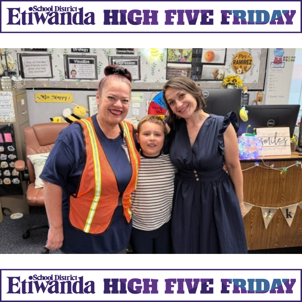 Text: Etiwanda School District High Five Image: smilind adults and students in a classroom
