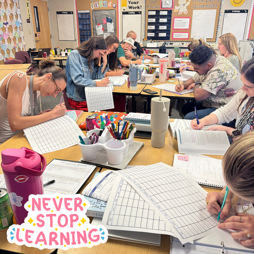 Text: Never Stop Learning Image: teachers in a class learning